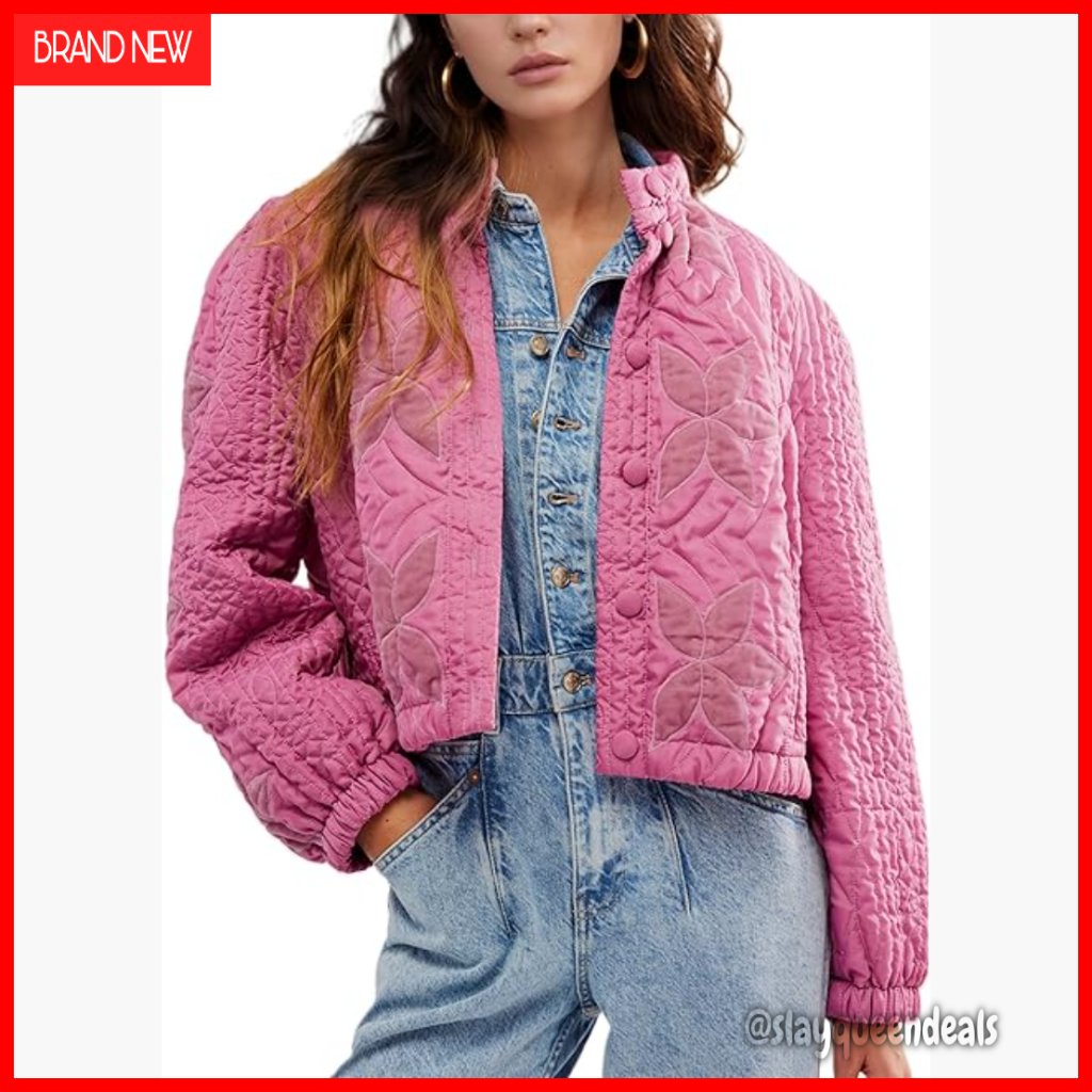 Cropped Quilted Puffer Jacket, Floral Embroidered Lightweight Winter Coat